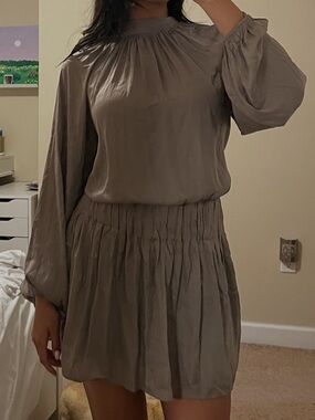 Women's Smocked Waist Long-Sleeve Mini Dress in Taupe